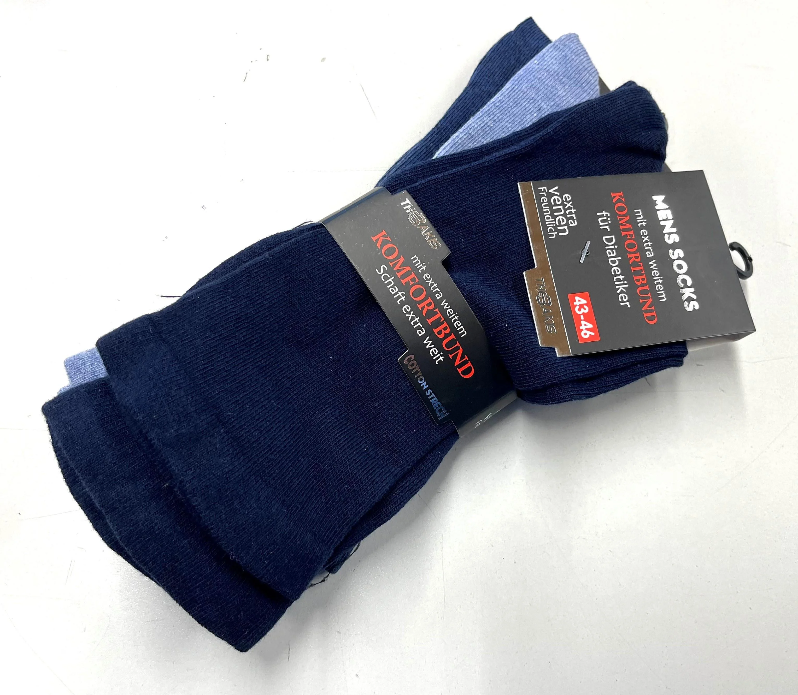 Diabetikersocken ohne Gummizug mit extra weitem Bund, Blautöne,Gr.43-46, 3er Pack