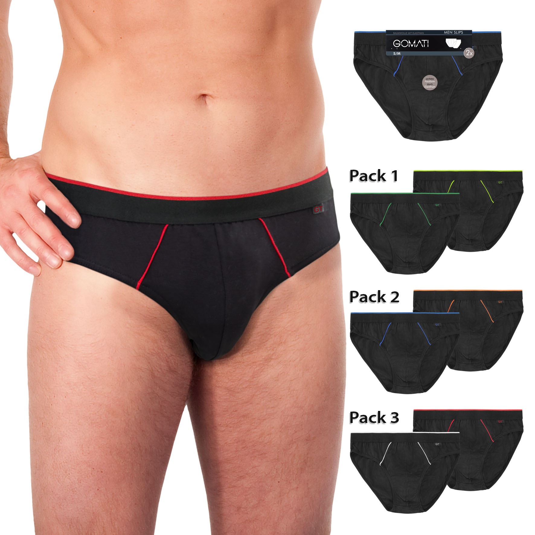 Herren Slips 27438, Schwarz mit versch. Farbigen Paspeln, 4er-Pack, Gr.5