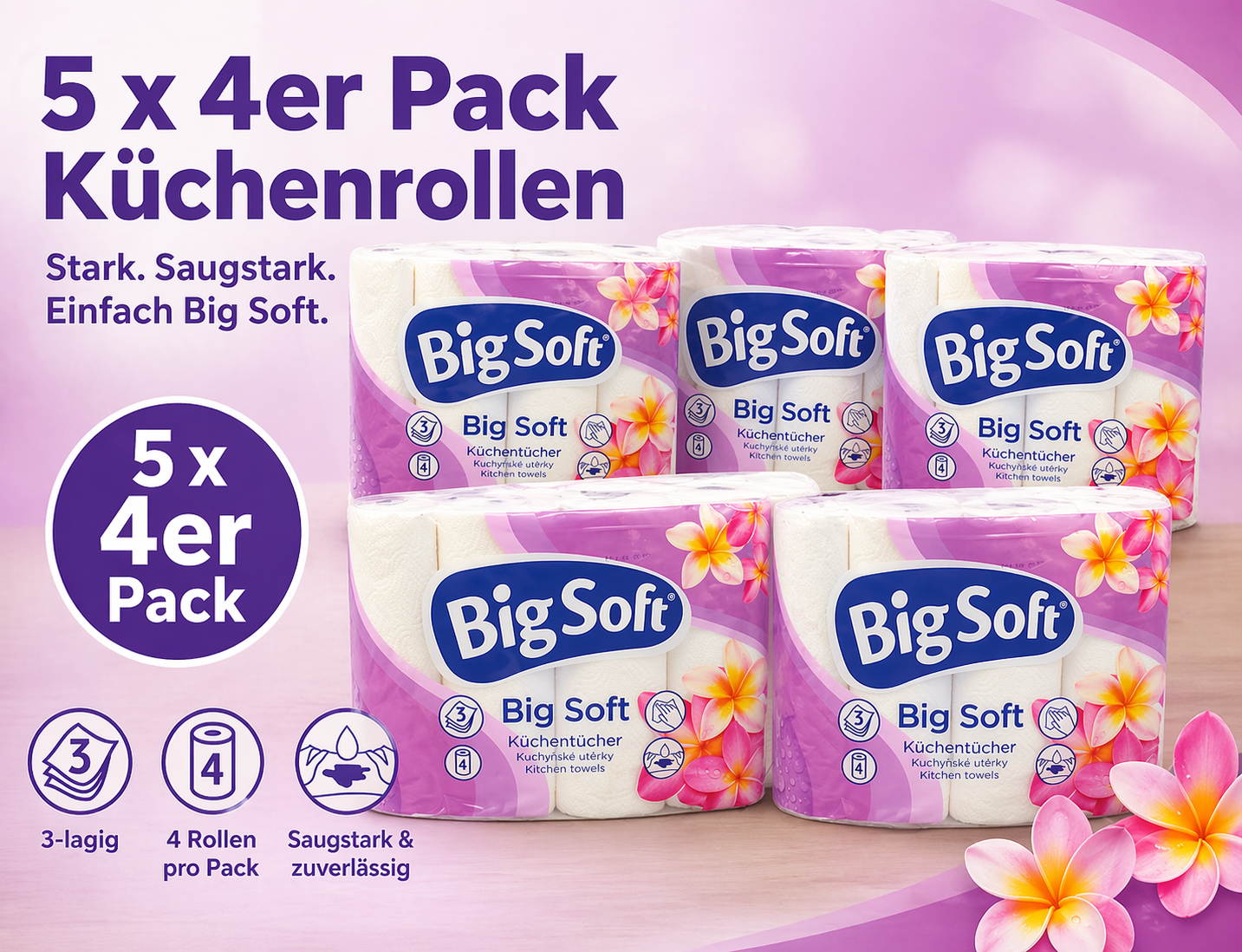 5 Packungen Big Soft Haushaltsrolle 3-lagig 4x45Blatt 25,5cm
