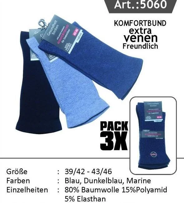 Diabetikersocken ohne Gummizug mit extra weitem Bund, Blautöne, Gr39-42, 4 x 3er