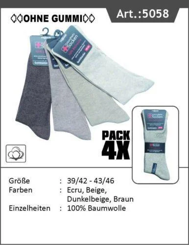 Gesundheitssocken ohne Gummizug, weiter Bund, Gr.39-42, Farbe Braun,4 Paar