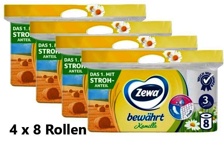 Zewa Toilettenpapier 3-lagig Kamille , 4 x Pack mit 8 x 150 Blatt