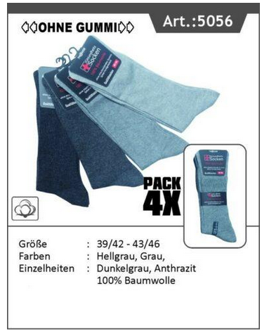 Gesundheitssocken ohne Gummizug, weiter Bund, Gr.39-42, Farbe Blau, 4 Paar