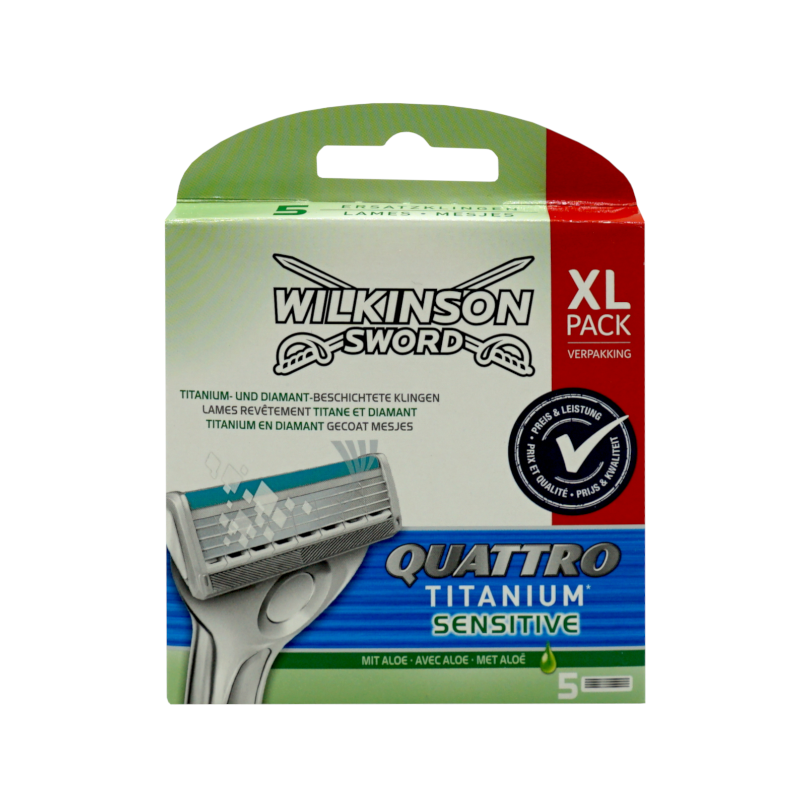 Wilkinson Sword Quattro Titanium Sensitive Rasierklingen Aloe Vera Herren, 5 Stück