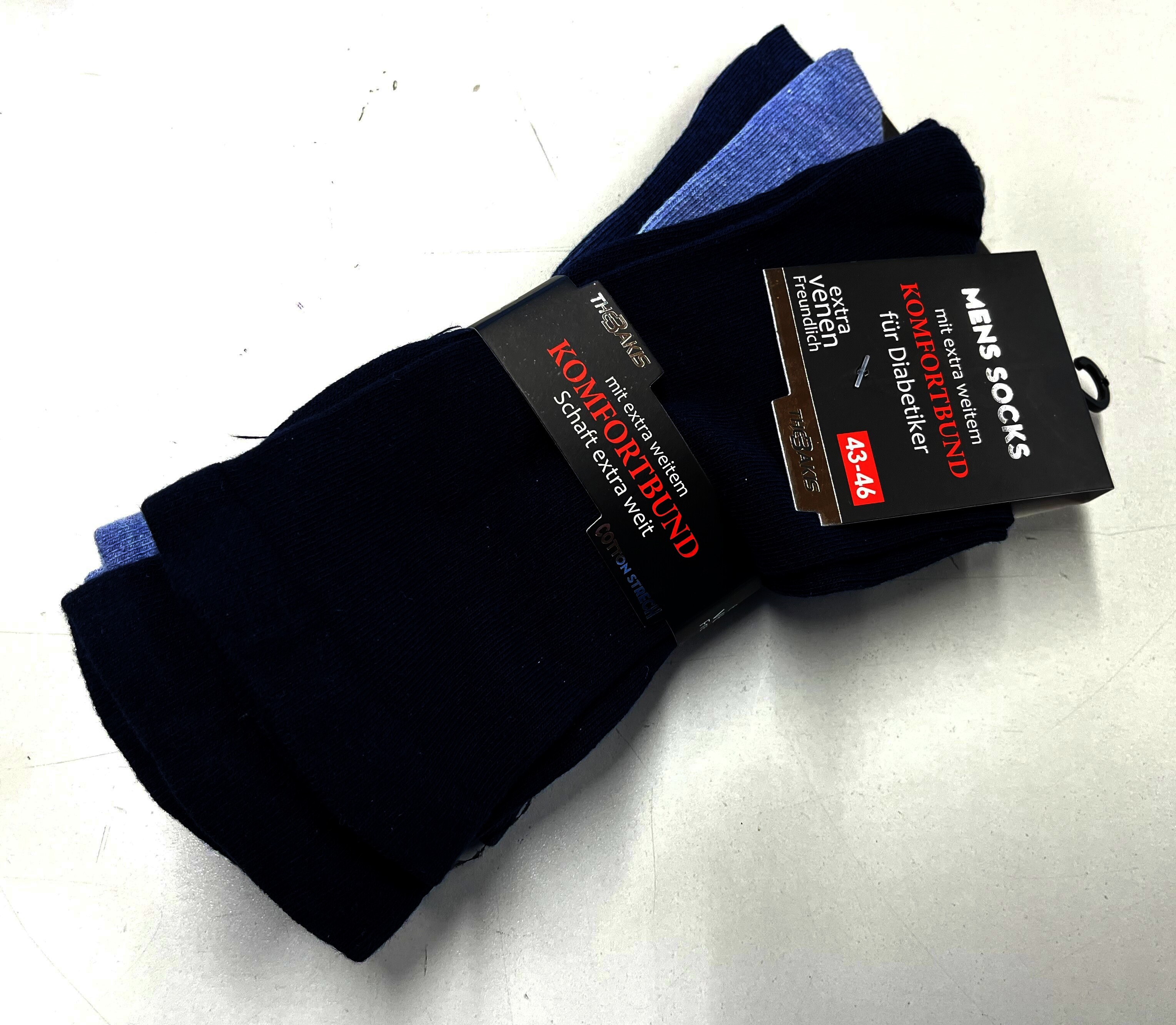 Diabetikersocken ohne Gummizug mit extra weitem Bund, Blautöne,Gr.43-46, 3er Pack