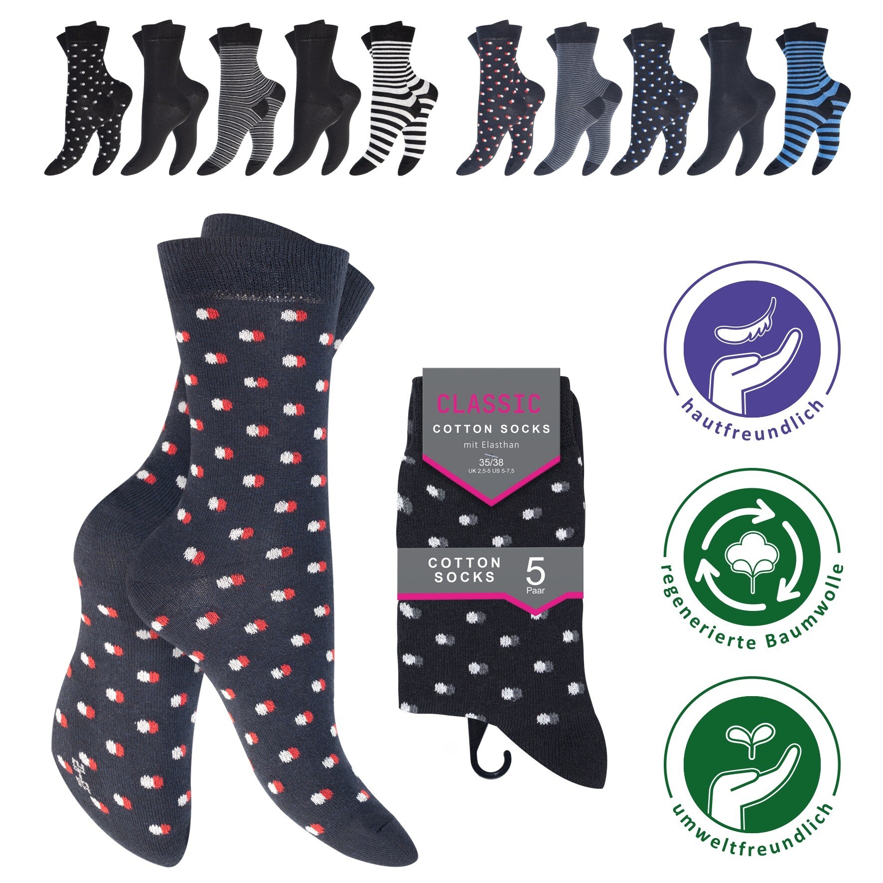 Damen Socken 63103, gemustert/uni, 2 x 5er-Pack, Gr.35/38