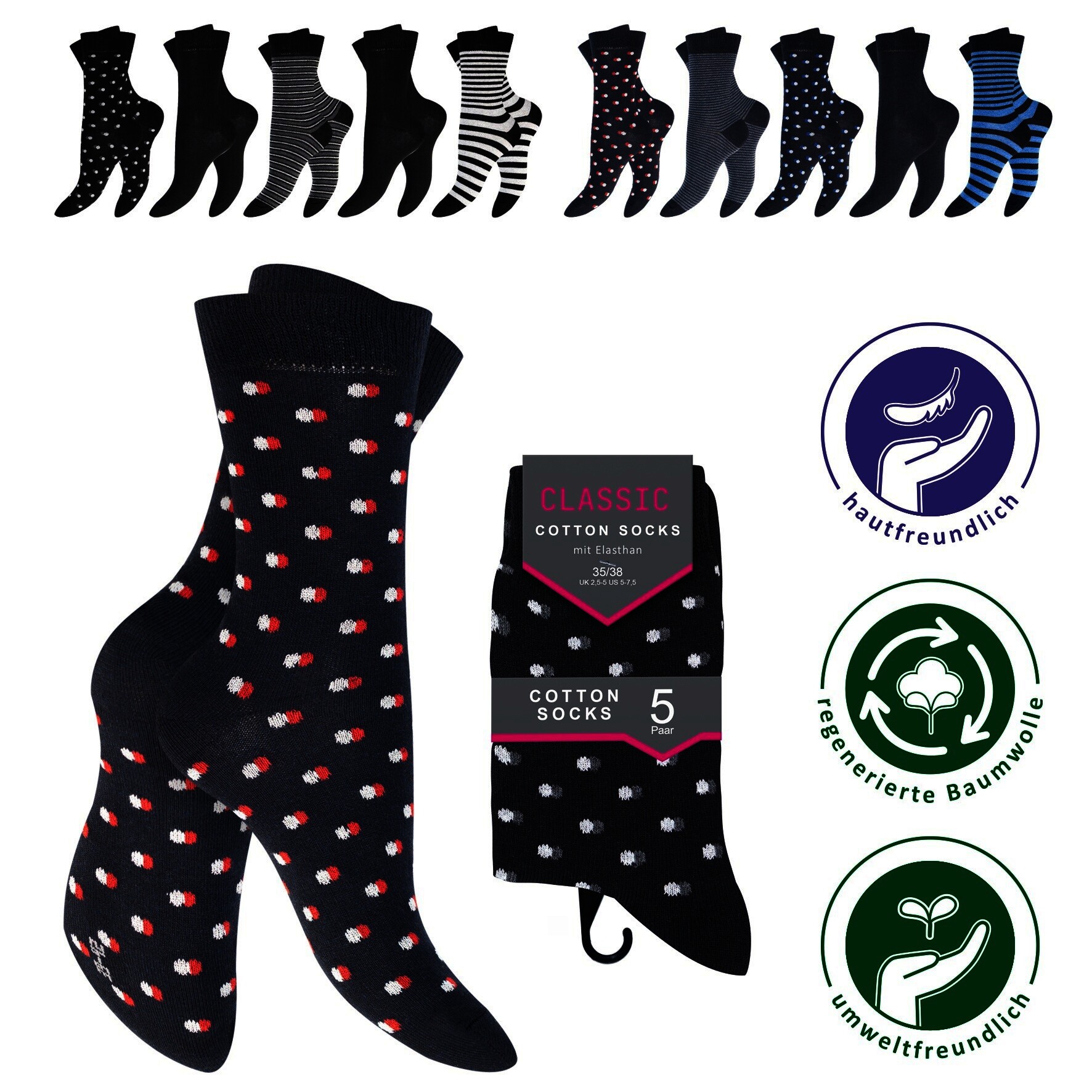 Damen Socken 63103, gemustert/uni, 5er-Pack, Gr.39/42