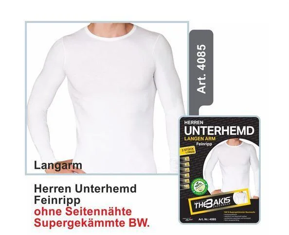 Herren Unterhemd Langarm 2er Pack Feinripp Farbe: Weiß, Größe 8