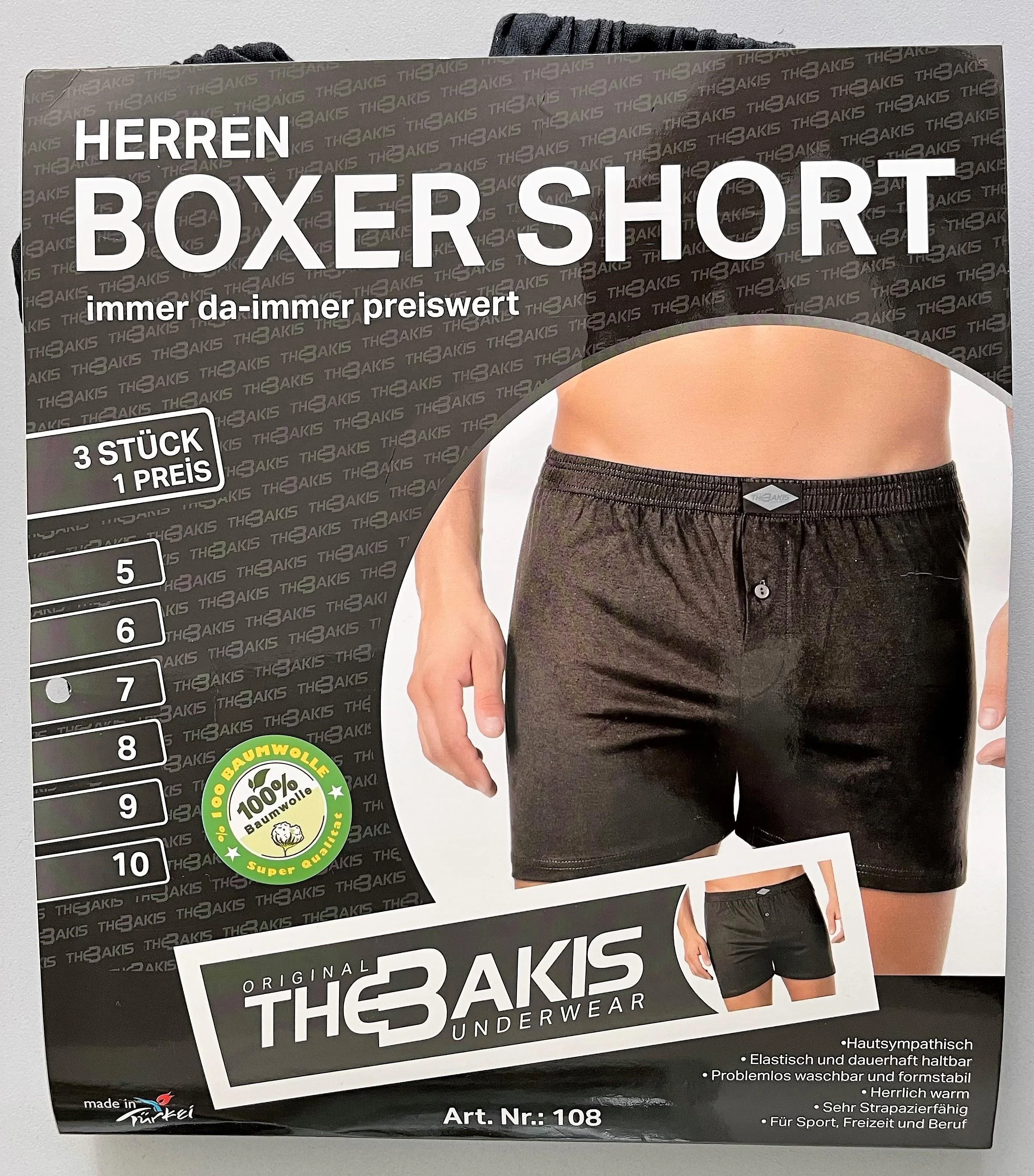 The BAKIS Herren Boxer Short, 3 x 3er Pack, schwarz, Größe 7