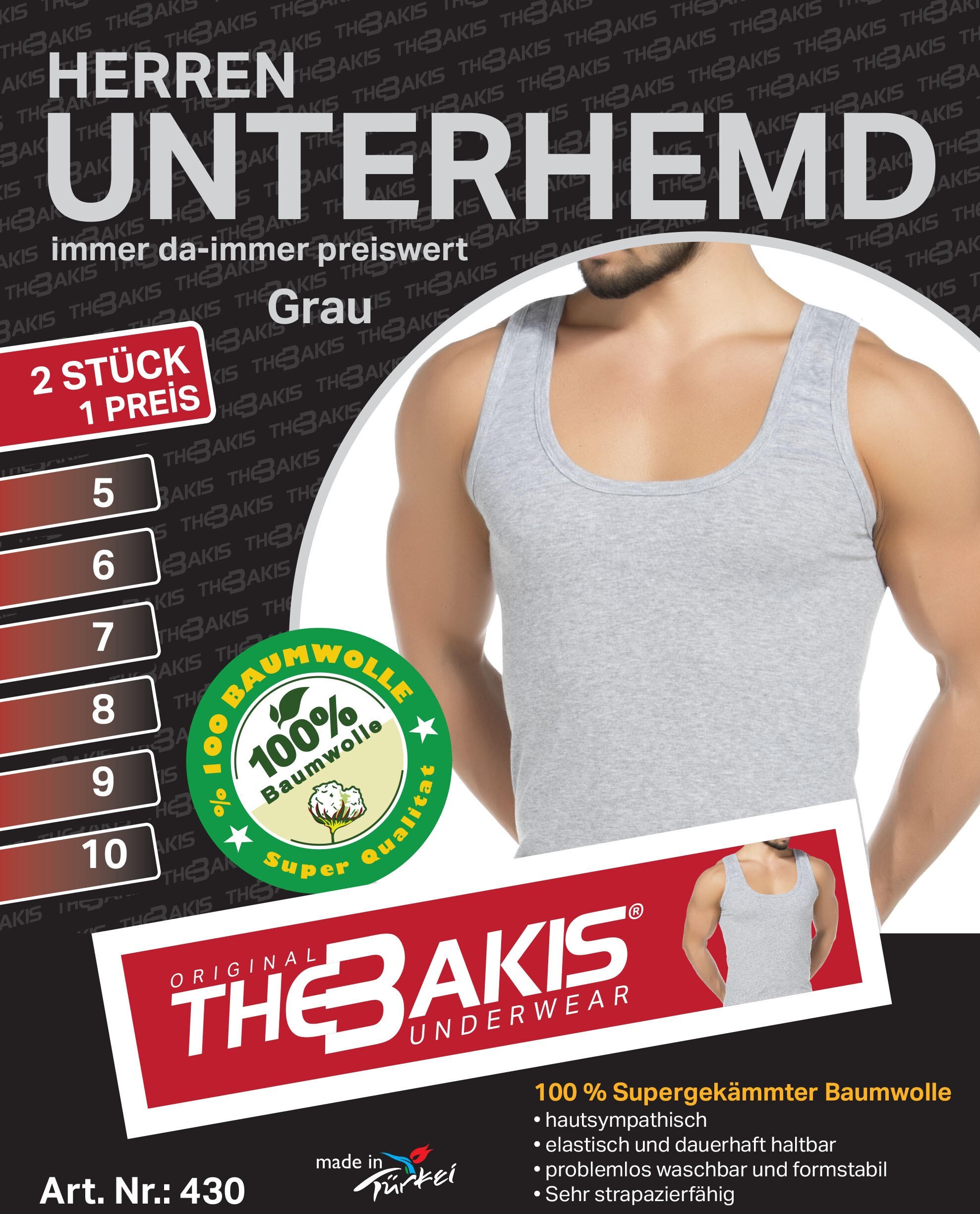 Herren Unterhemd 430, Grau Melliert, Feinripp,  2x2er-Pack , Gr10