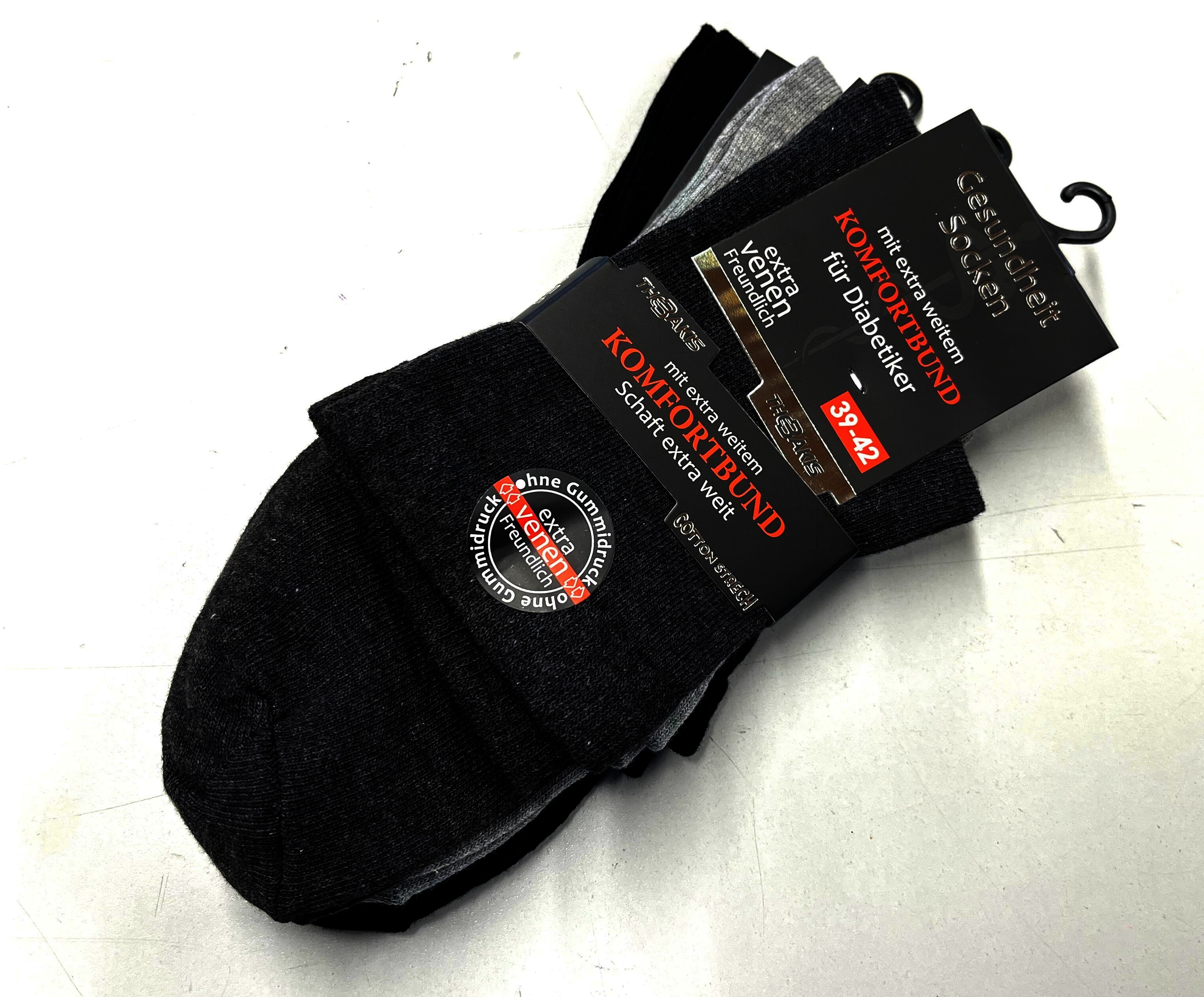 Diabetikersocken ohne Gummizug mit extra weitem Bund, Grautöne, Gr.39-42. 6er Pack