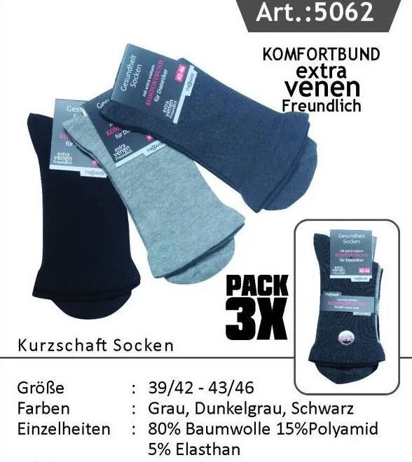 Diabetikersocken ohne Gummizug mit extra weitem Bund, Grautöne, Gr.39-42. 9er Pack