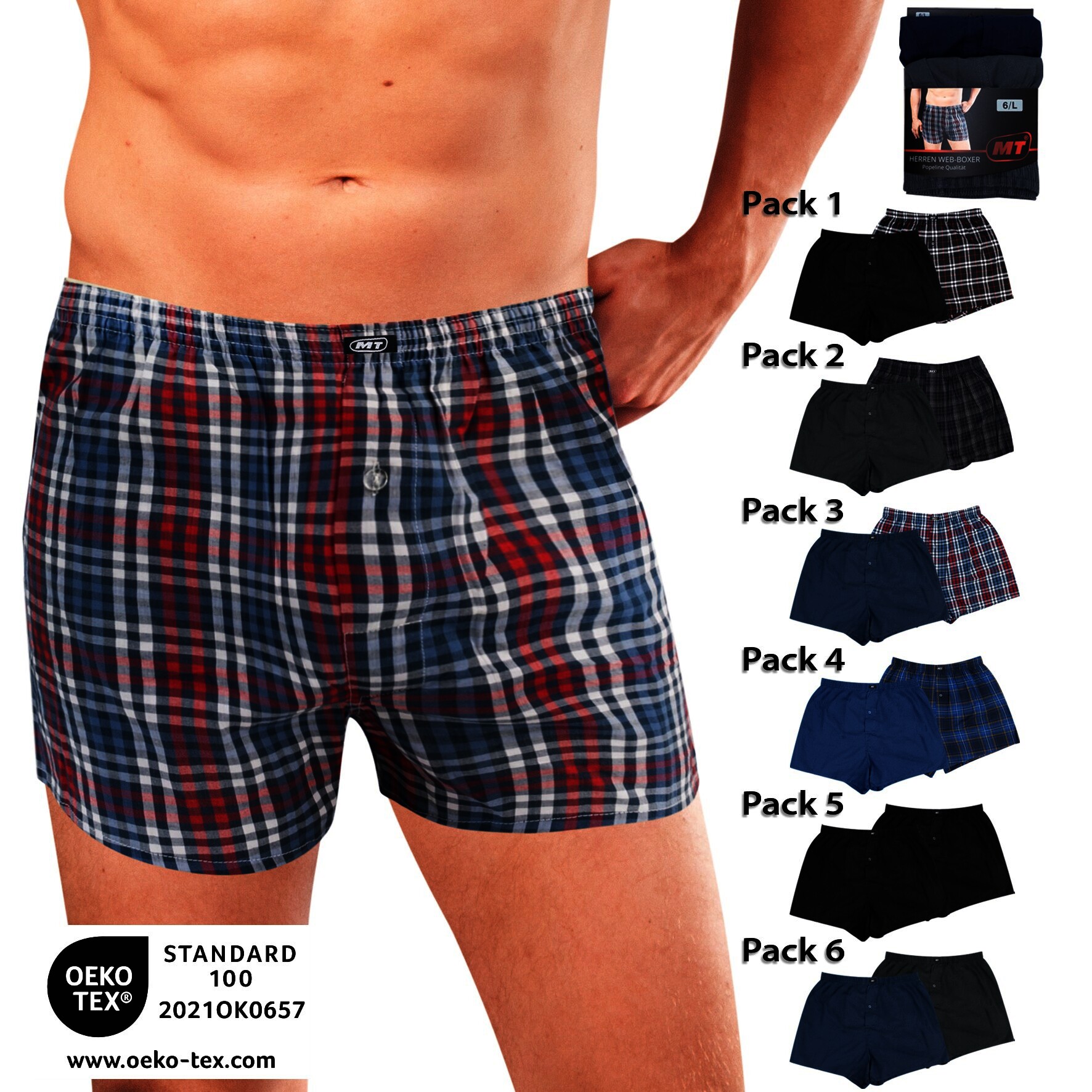 Herren Boxer-Shorts 20408, uni/kariert, versch. Farben, Gr. 7, 2er-Pack