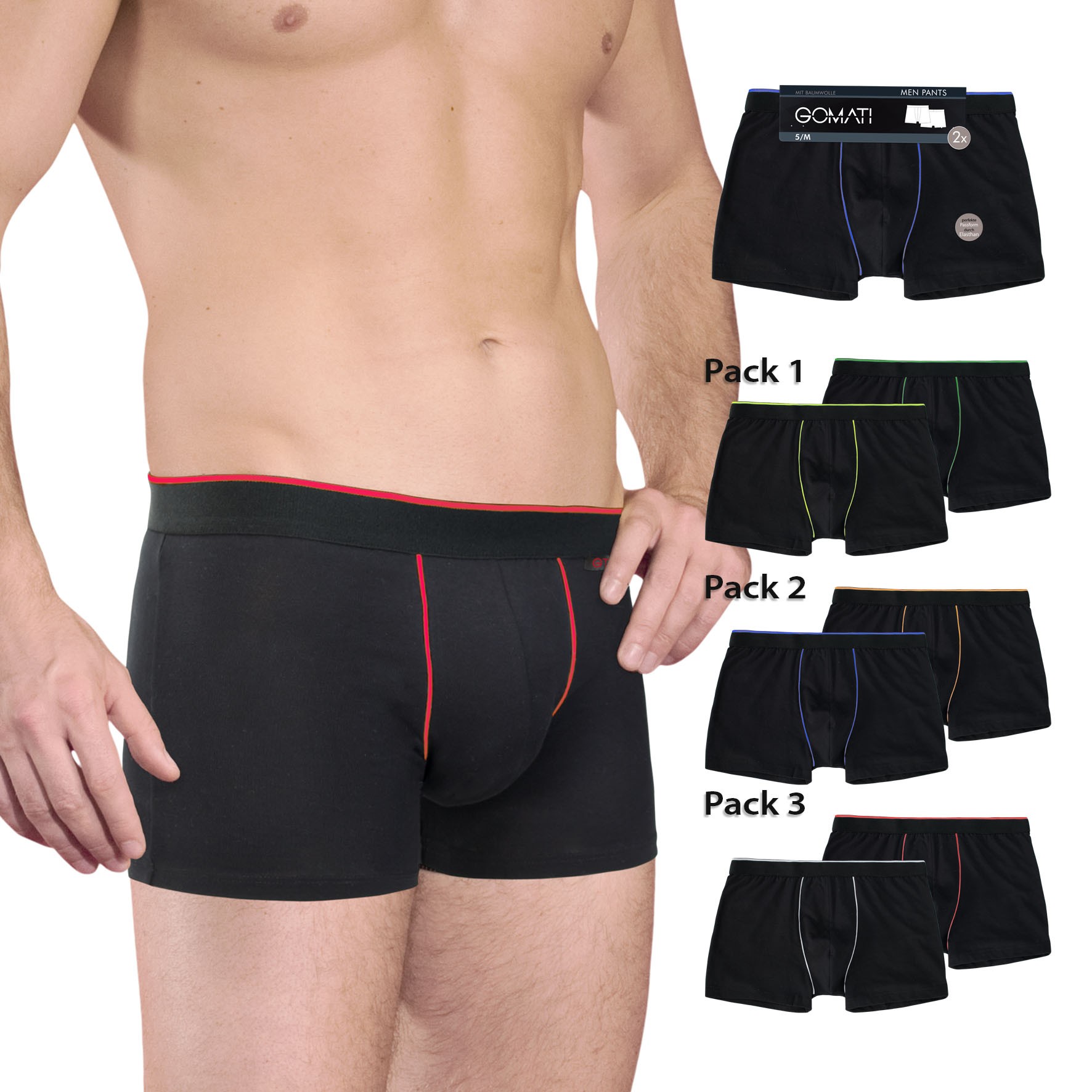Herren Pants 27439, Schwarz mit versch. farbigen Paspeln, 6er-Pack, Gr.5
