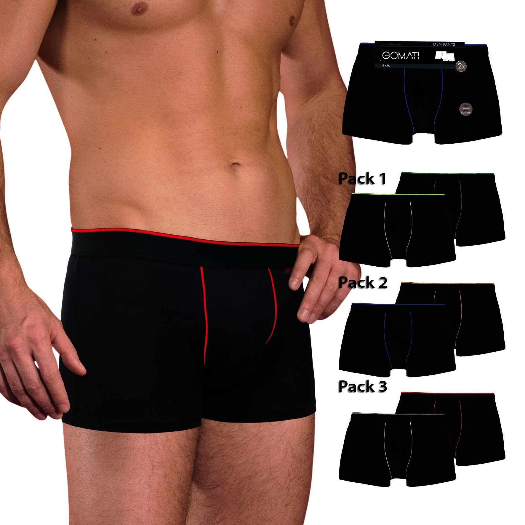 Herren Pants 27439, Schwarz mit versch. farbigen Paspeln, 6er-Pack, Gr.8