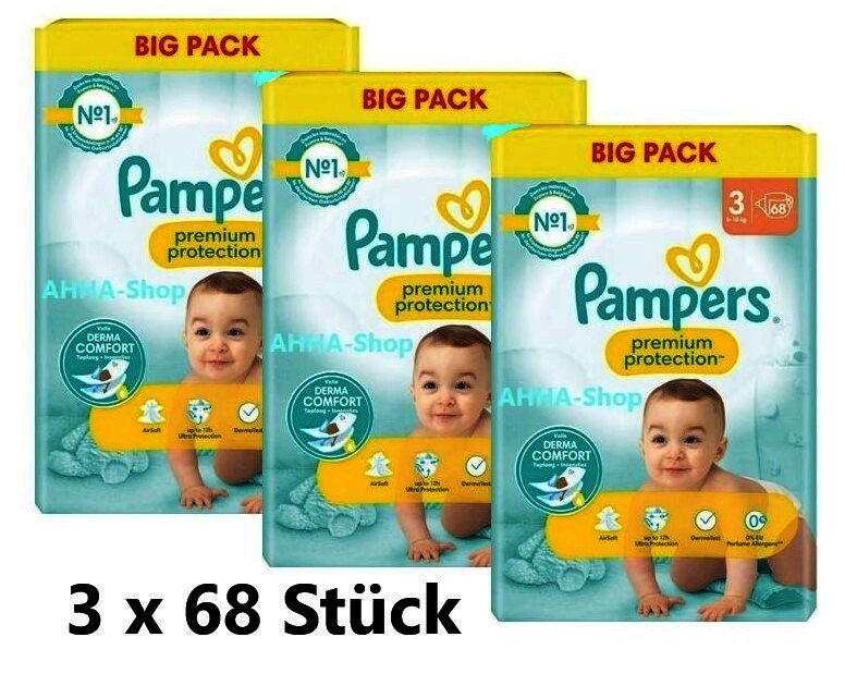 Pampers Premium Protection Midi Windeln, 6-10 kg, Gr. 3, 3 x 68 Stück