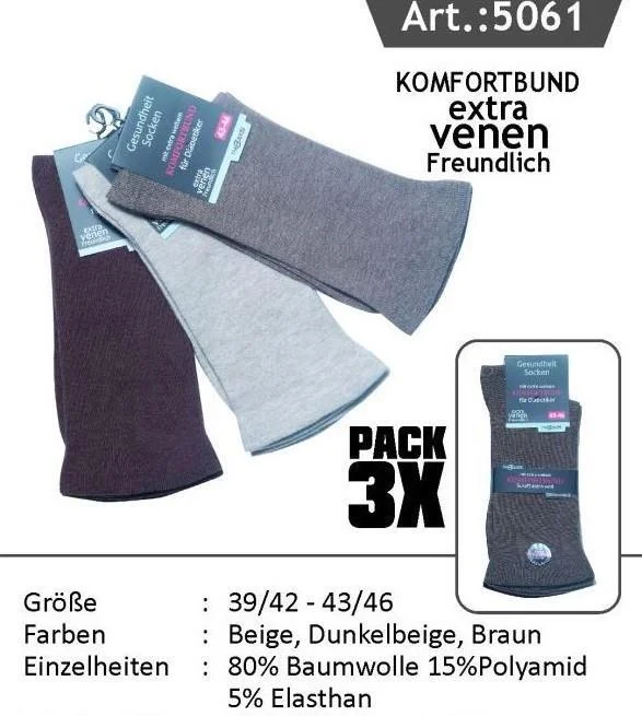 Diabetikersocken ohne Gummizug mit extra weitem Bund, Brauntöne, Gr.39-42, 9er Pack