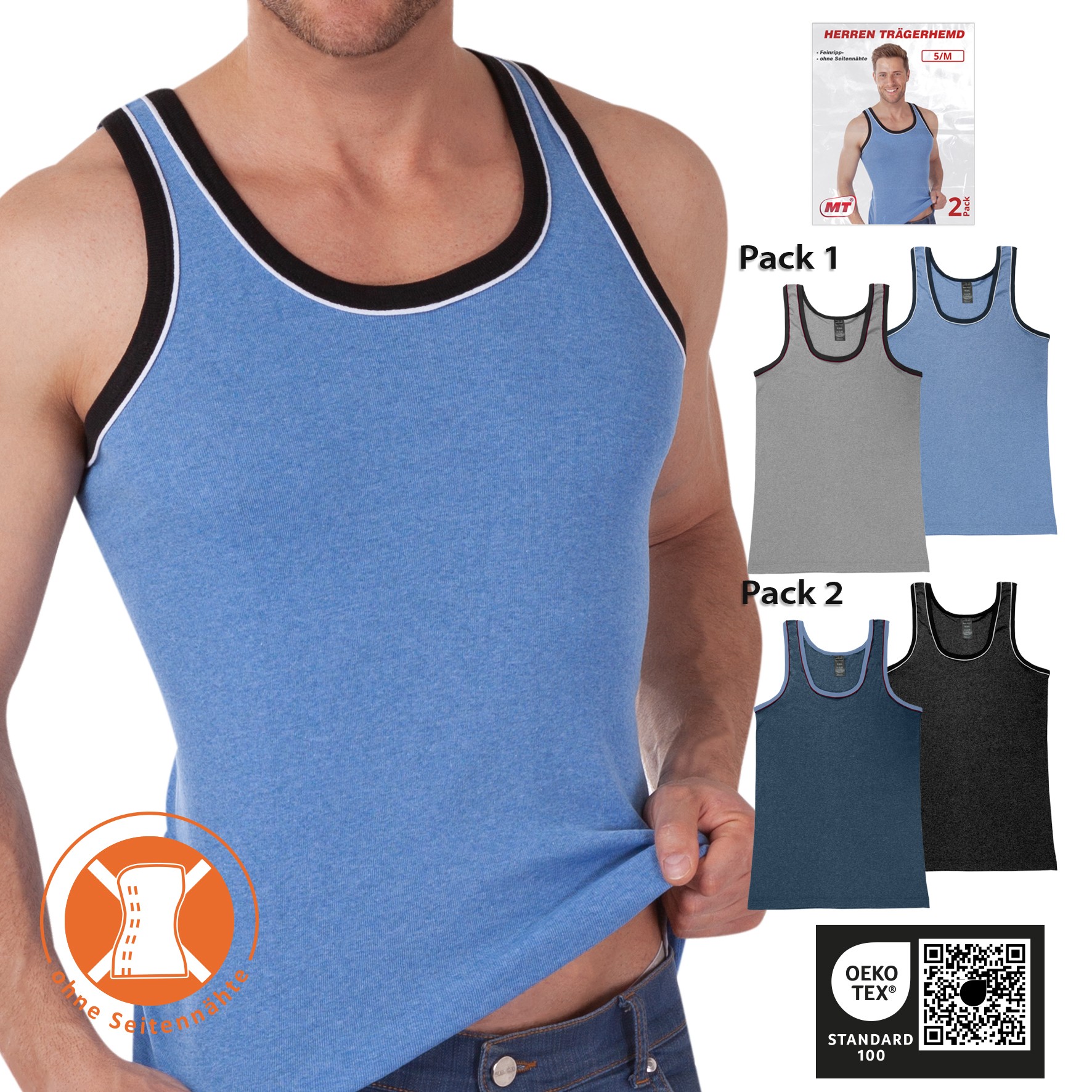 2er-Pack Herren-Unterhemd 22590, mit Paspelierung, Pack 1, Gr.7