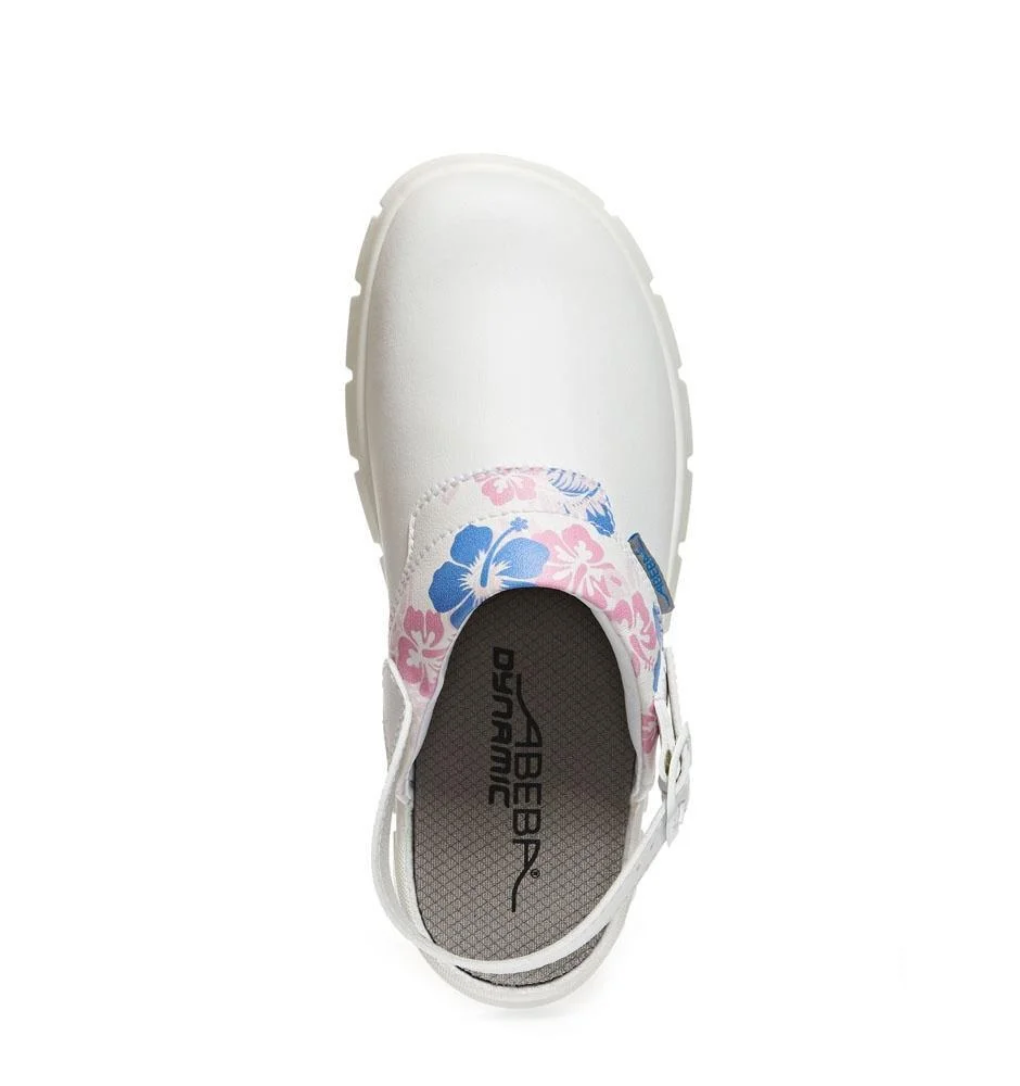 Abeba Clog 7320 - Dynamic Glattleder, weiß mit Aufdruck Blumenmuster, zertifiziert, Gr. 45