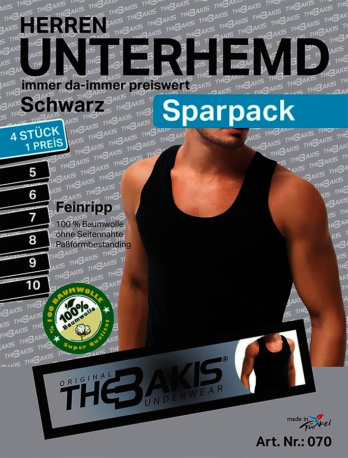 Herren Unterhemd 2er Pack Feinripp, Schwarz, Gr.12