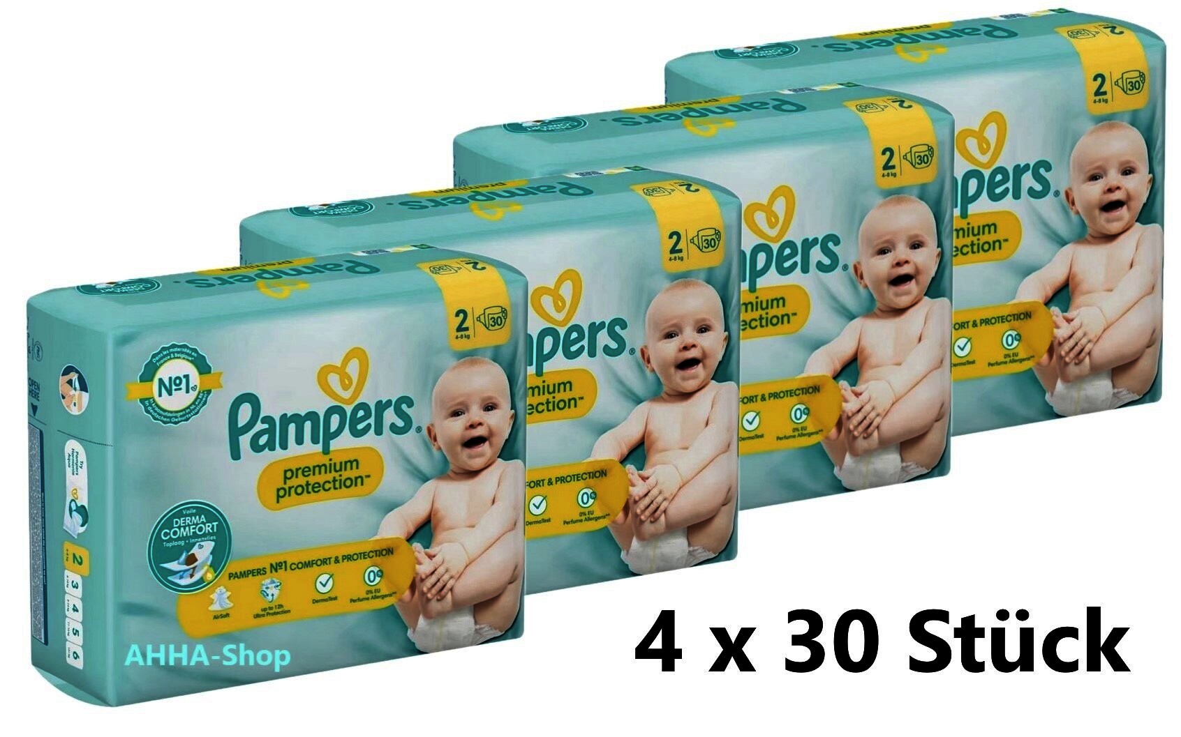 Pampers Premium Protection 2 Mini Windeln, 4-8 kg, Gr. 2, 4 x 30 Stück