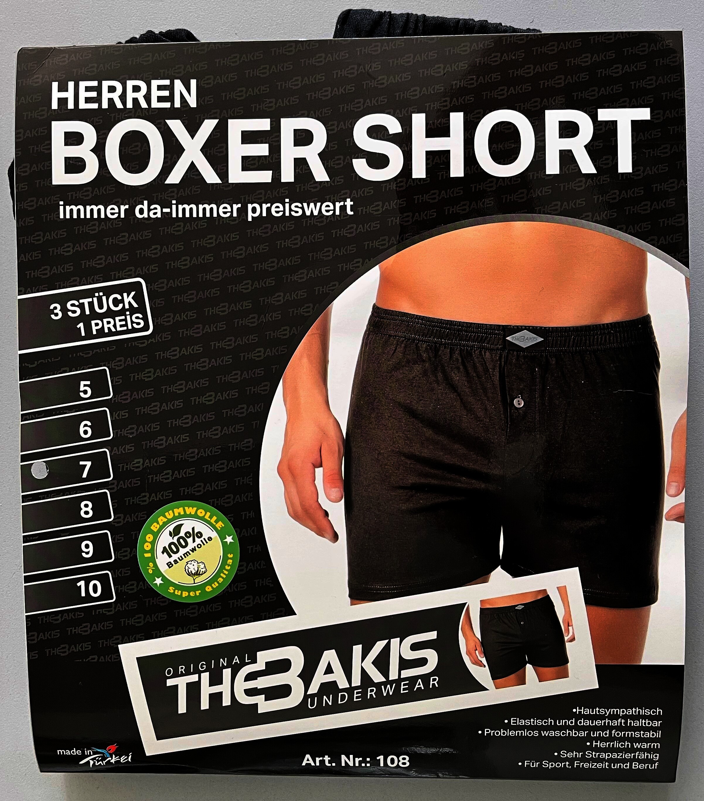 The BAKIS Herren Boxer Short, 3 x 3er Pack, schwarz, Größe 7